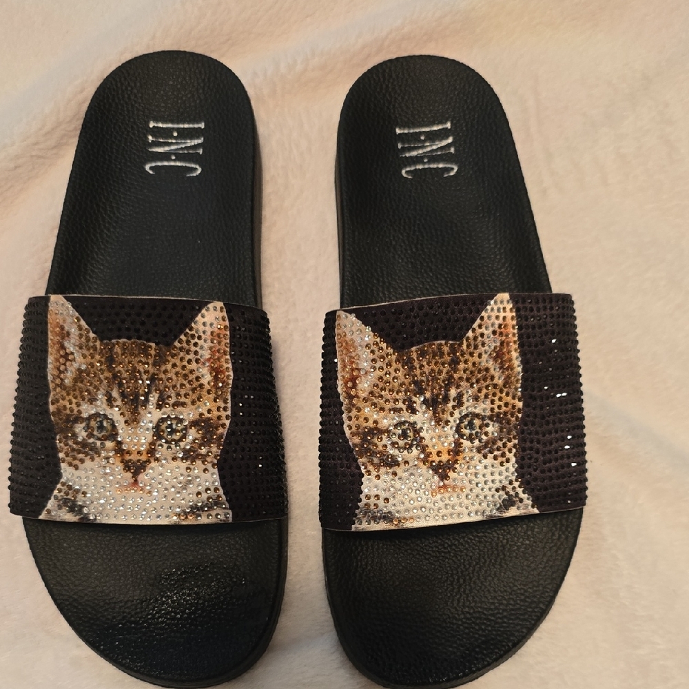 INC International Concepts Black Cat Embellished Slides